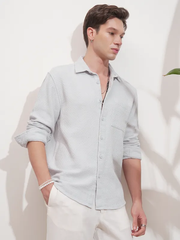 Highlander Men Grey Self Design Relaxed Fit Casual Shirt