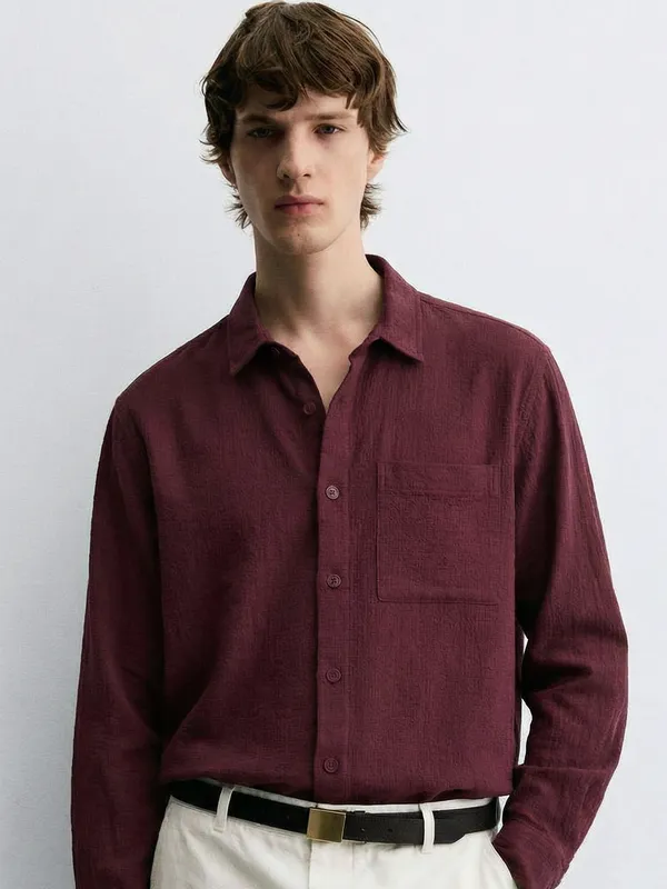 Highlander Men Burgundy Self Design Relaxed Fit Casual Shirt