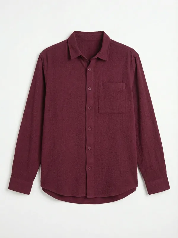 Highlander Men Burgundy Self Design Relaxed Fit Casual Shirt