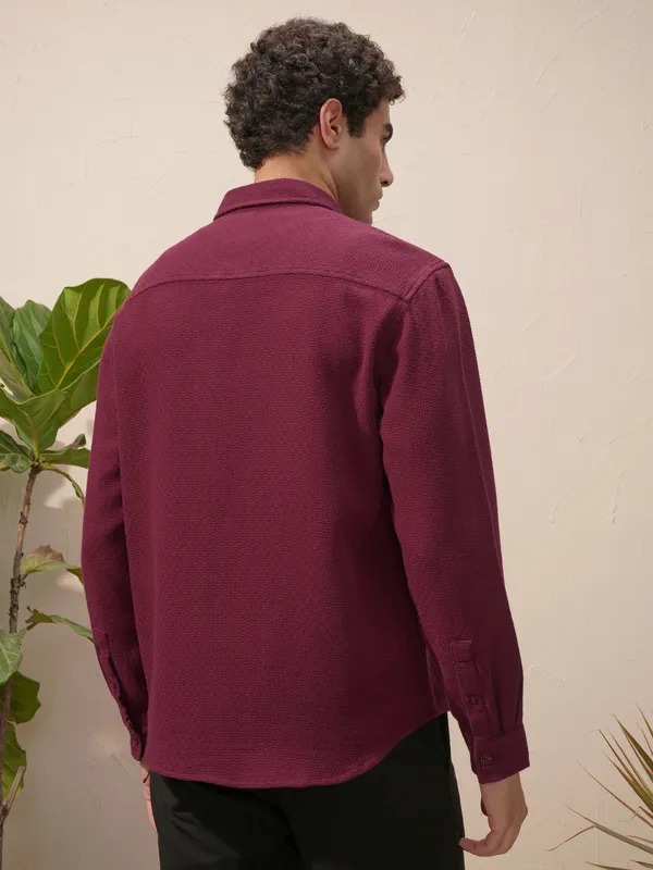 Highlander Men Burgundy Self Design Relaxed Fit Casual Shirt