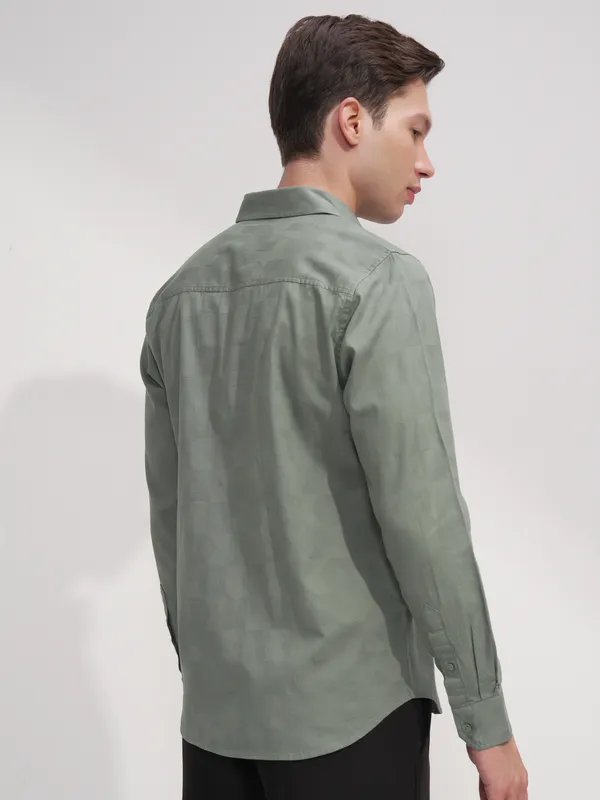 Highlander Men Green Self Design Slim Fit Casual Shirt