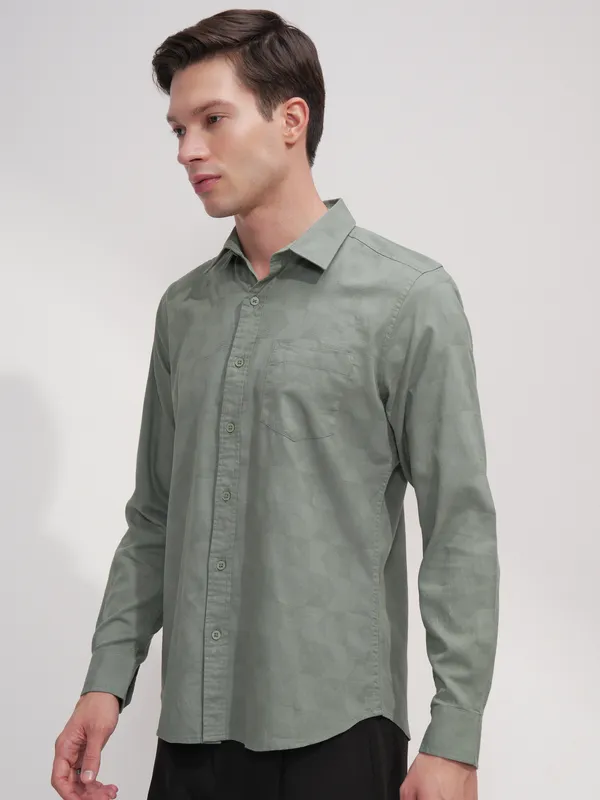 Highlander Men Green Self Design Slim Fit Casual Shirt