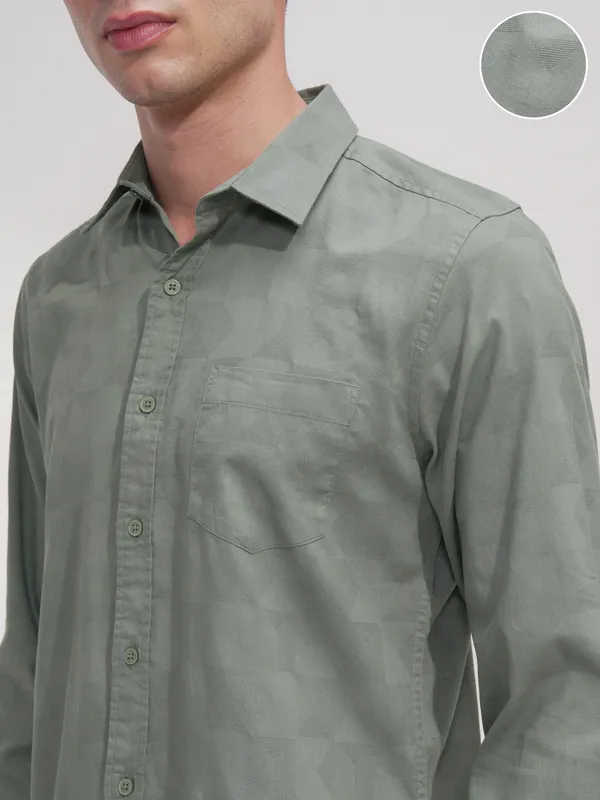 Highlander Men Green Self Design Slim Fit Casual Shirt