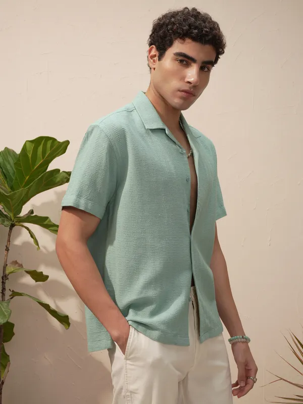 Highlander Men Blue Self Design Relaxed Fit Casual Shirt