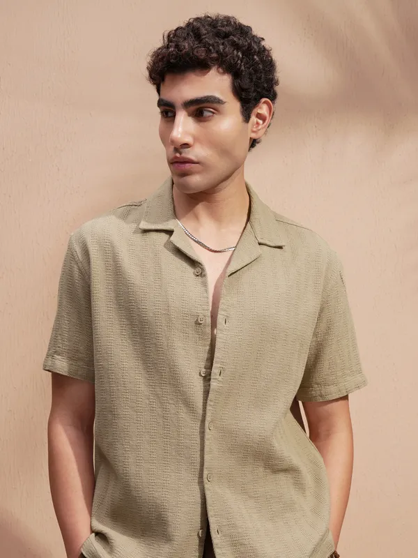 Highlander Men Khaki Self Design Relaxed Fit Casual Shirt