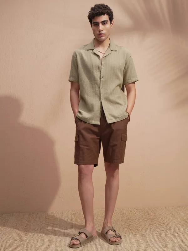 Highlander Men Khaki Self Design Relaxed Fit Casual Shirt