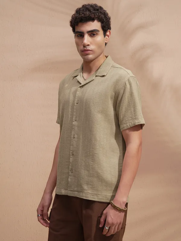 Highlander Men Khaki Self Design Relaxed Fit Casual Shirt