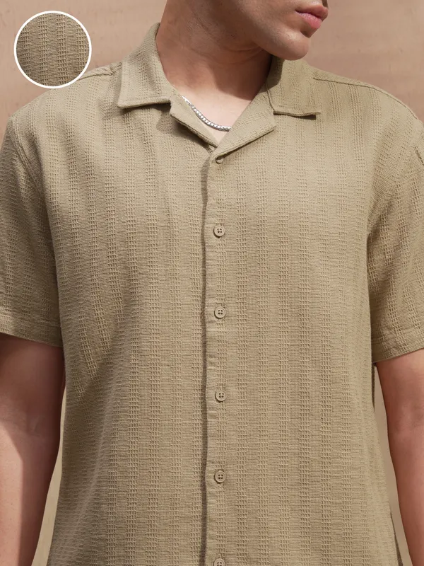 Highlander Men Khaki Self Design Relaxed Fit Casual Shirt