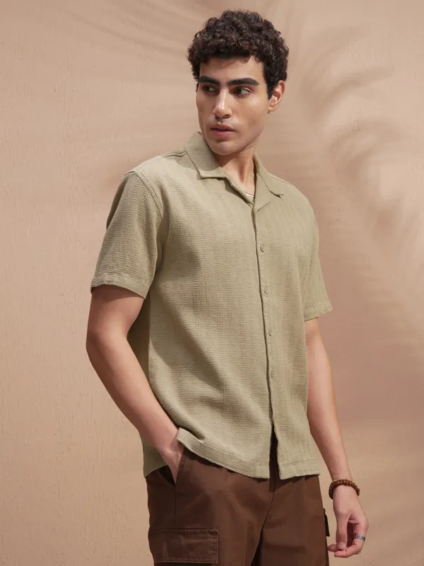 Highlander Men Khaki Self Design Relaxed Fit Casual Shirt