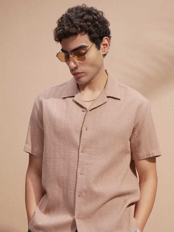 Highlander Men Copper Self Design Relaxed Fit Casual Shirt