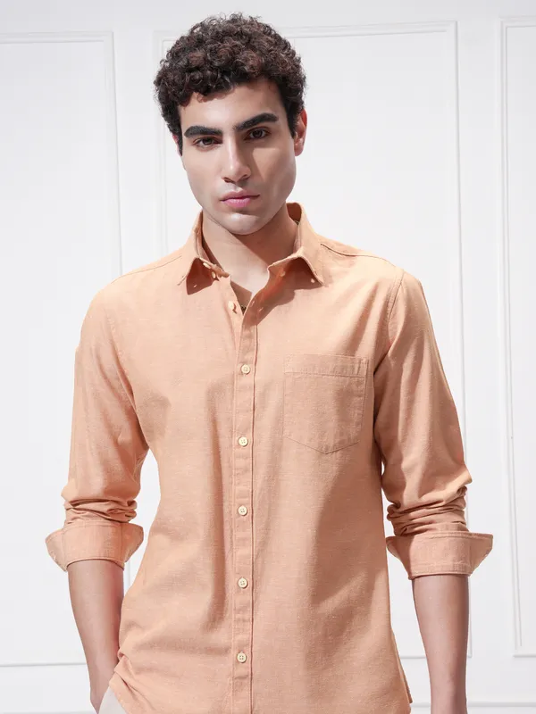 Highlander Men Orange Self Design Slim Fit Casual Shirt