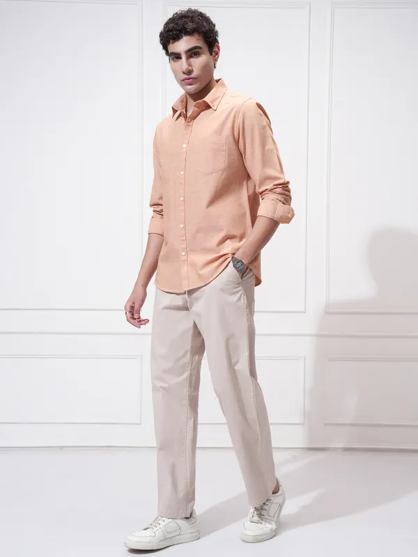 Highlander Men Orange Self Design Slim Fit Casual Shirt