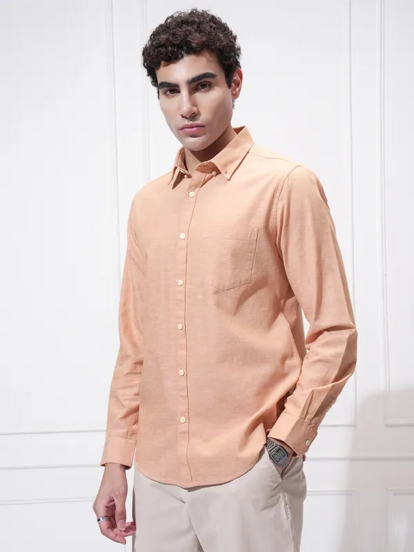 Highlander Men Orange Self Design Slim Fit Casual Shirt