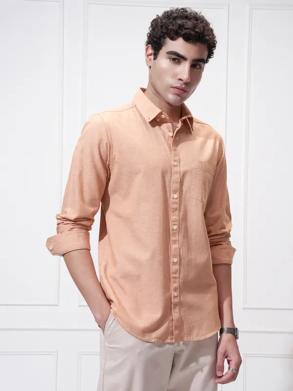 Highlander Men Orange Self Design Slim Fit Casual Shirt
