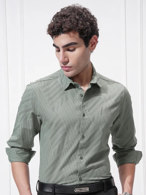 Highlander Men Green Self Design Slim Fit Casual Shirt