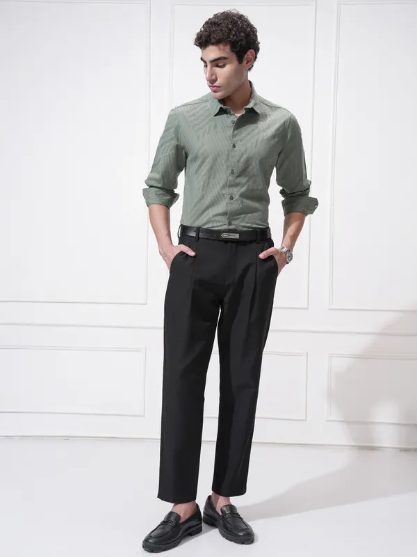 Highlander Men Green Self Design Slim Fit Casual Shirt