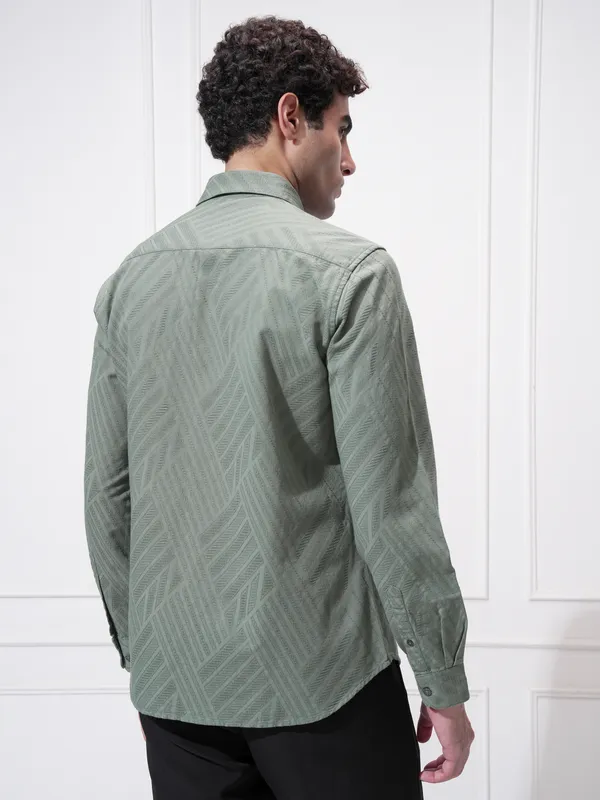 Highlander Men Green Self Design Slim Fit Casual Shirt