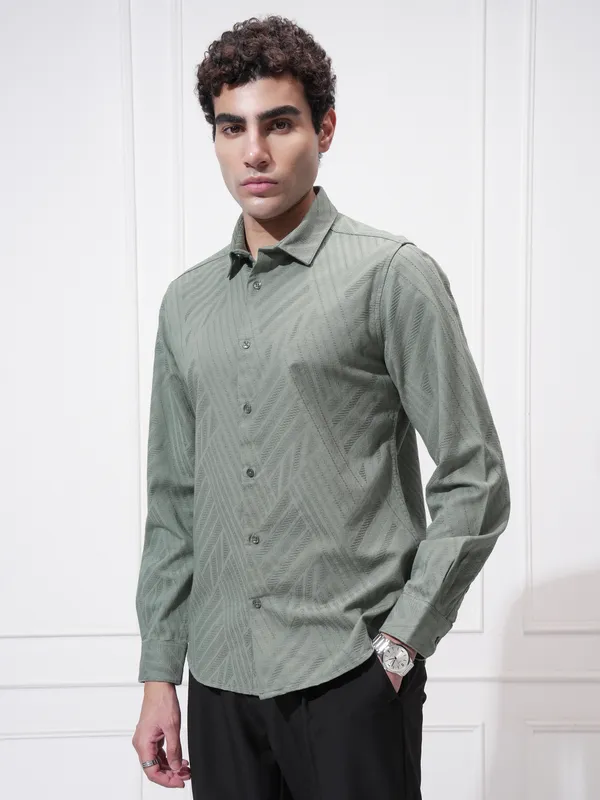 Highlander Men Green Self Design Slim Fit Casual Shirt