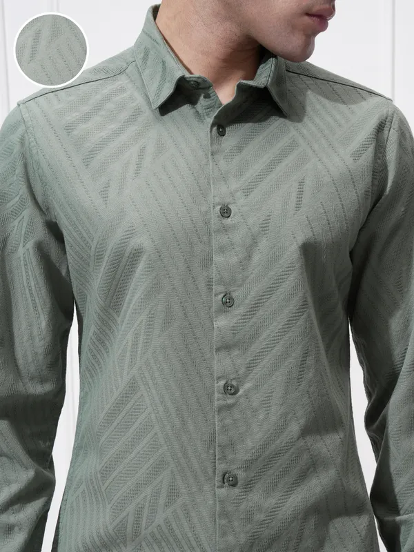 Highlander Men Green Self Design Slim Fit Casual Shirt