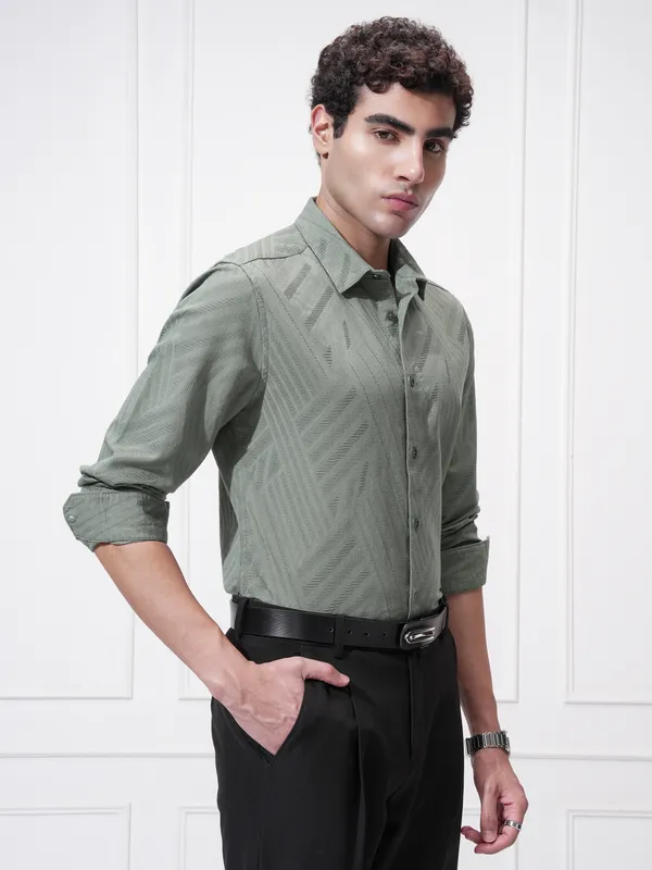 Highlander Men Green Self Design Slim Fit Casual Shirt