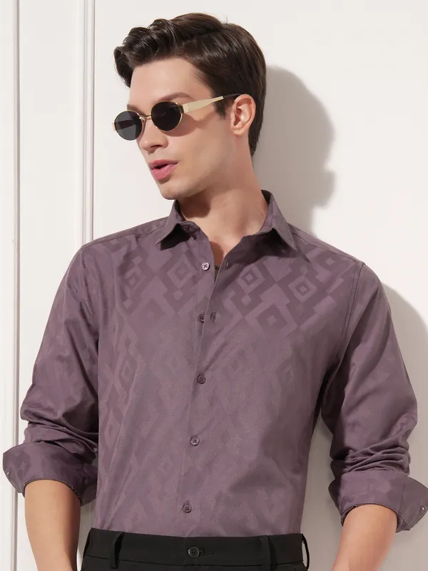Highlander Men Purple Self Design Slim Fit Casual Shirt