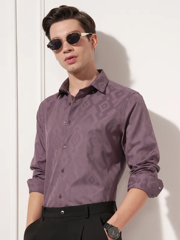 Highlander Men Purple Self Design Slim Fit Casual Shirt