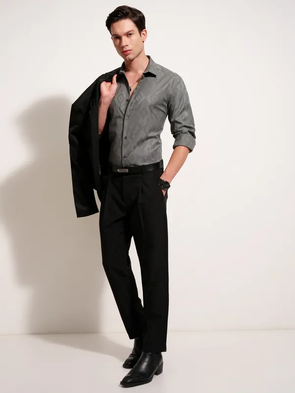 Highlander Men Grey Self Design Slim Fit Casual Shirt