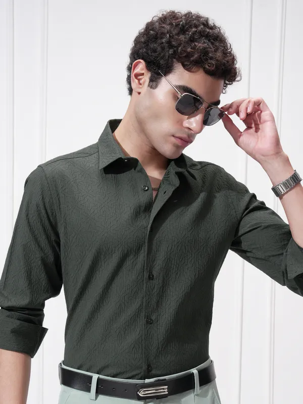Highlander Men Green Self Design Slim Fit Casual Shirt
