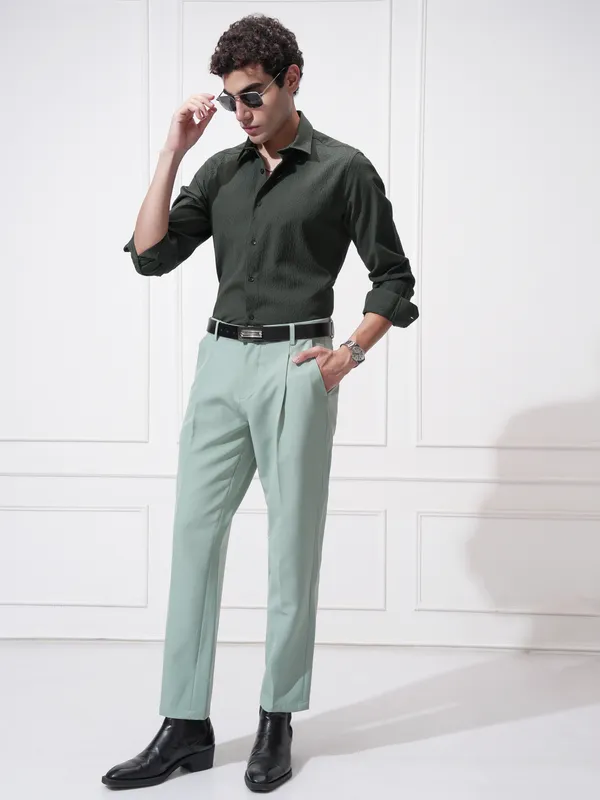 Highlander Men Green Self Design Slim Fit Casual Shirt