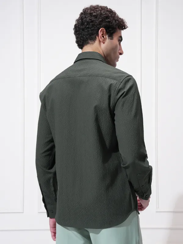 Highlander Men Green Self Design Slim Fit Casual Shirt