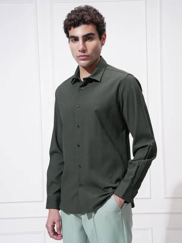 Highlander Men Green Self Design Slim Fit Casual Shirt