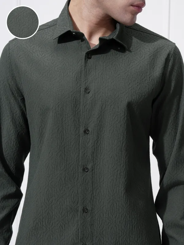 Highlander Men Green Self Design Slim Fit Casual Shirt