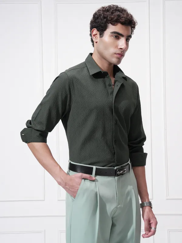 Highlander Men Green Self Design Slim Fit Casual Shirt