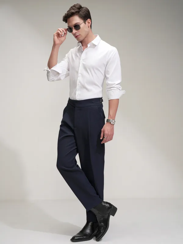 Highlander Men White Self Design Slim Fit Casual Shirt