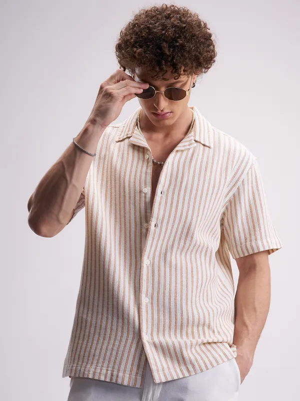 Highlander Men White Striped Relaxed Fit Casual Shirt