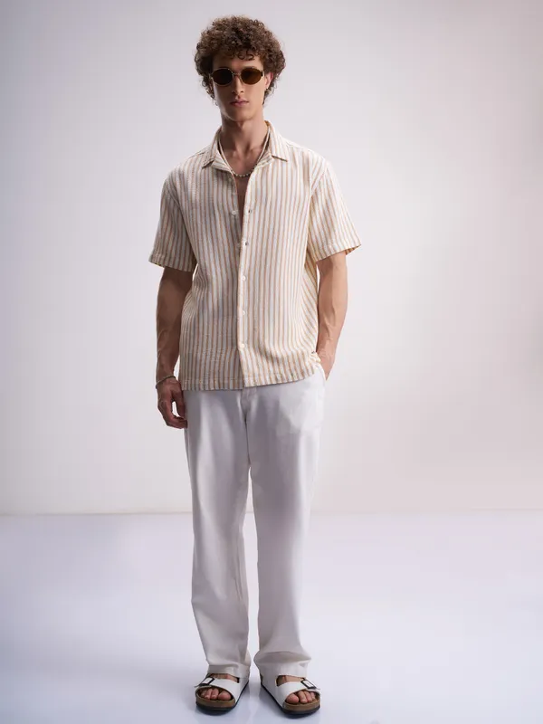 Highlander Men White Striped Relaxed Fit Casual Shirt