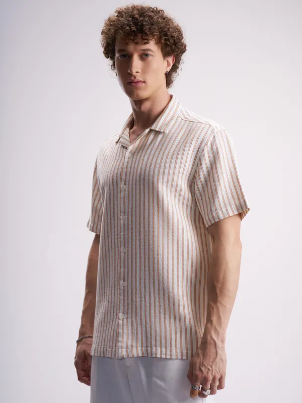 Highlander Men White Striped Relaxed Fit Casual Shirt
