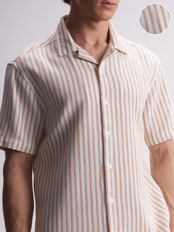 Highlander Men White Striped Relaxed Fit Casual Shirt