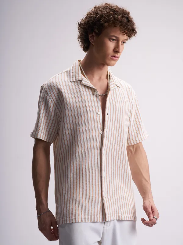 Highlander Men White Striped Relaxed Fit Casual Shirt