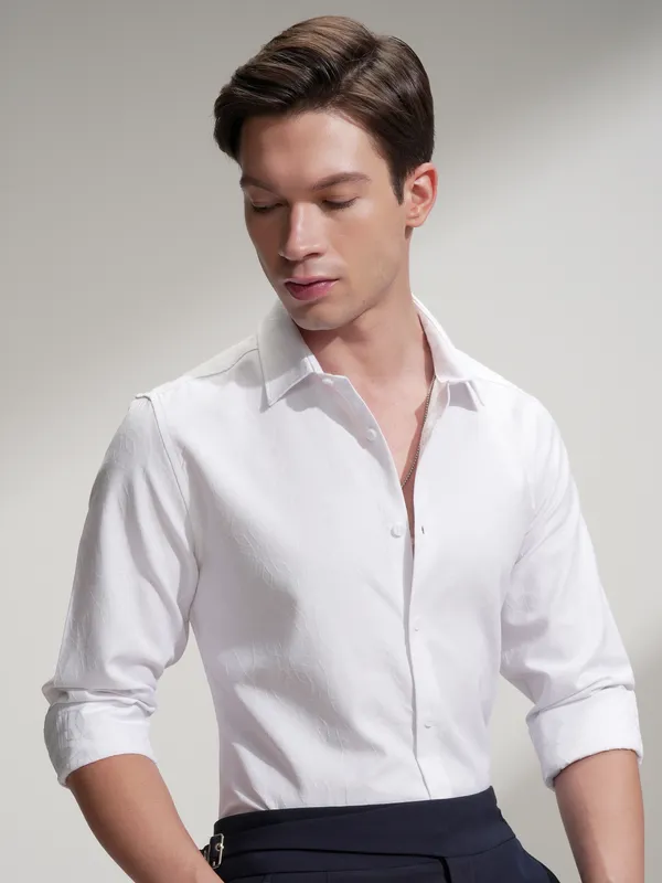 Highlander Men White Self Design Slim Fit Casual Shirt
