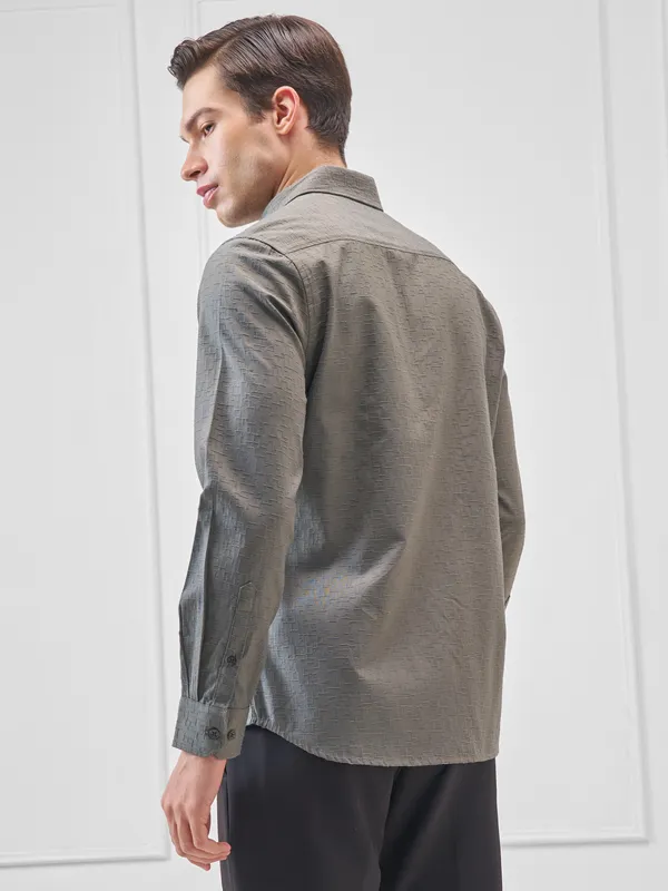 Highlander Men Olive Self Design Slim Fit Casual Shirt