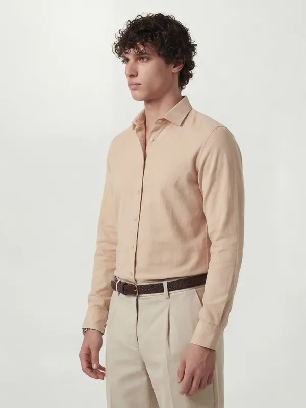 Highlander Men Peach Solid Slim Fit Casual Shirt