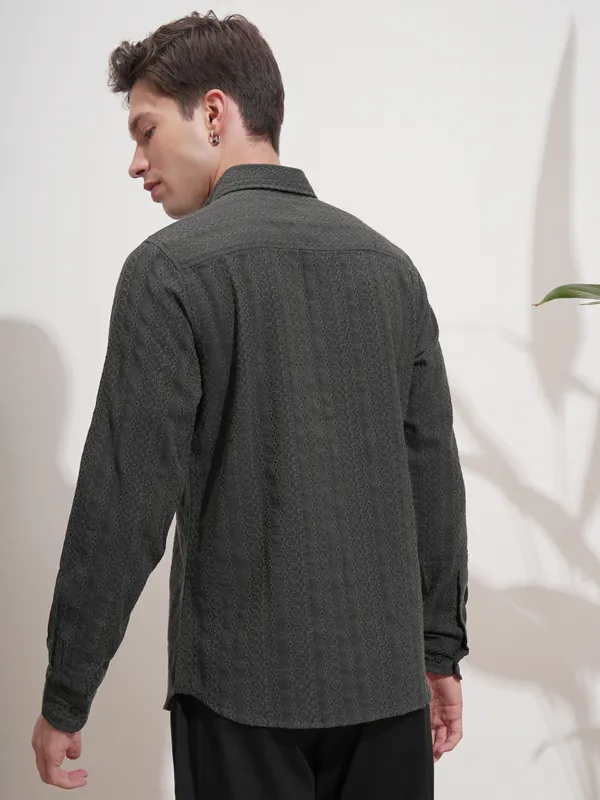 Highlander Men Grey Self Design Slim Fit Casual Shirt