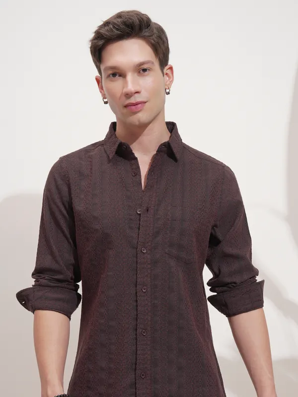 Highlander Men Rust Self Design Slim Fit Casual Shirt