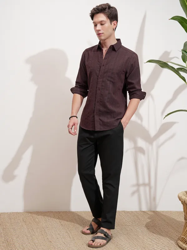 Highlander Men Rust Self Design Slim Fit Casual Shirt