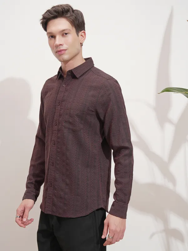 Highlander Men Rust Self Design Slim Fit Casual Shirt
