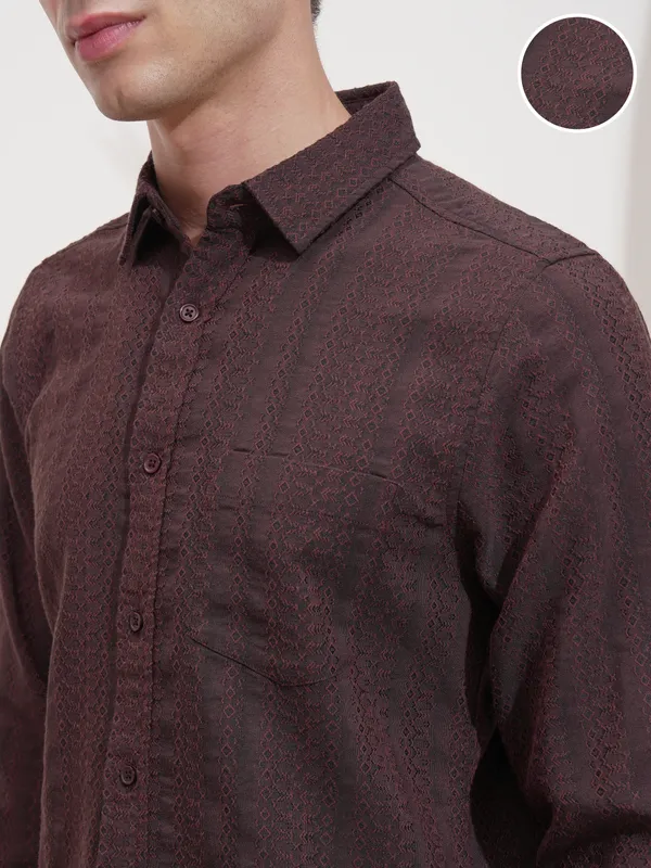 Highlander Men Rust Self Design Slim Fit Casual Shirt