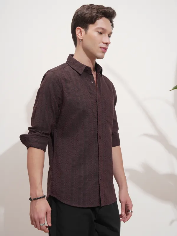 Highlander Men Rust Self Design Slim Fit Casual Shirt