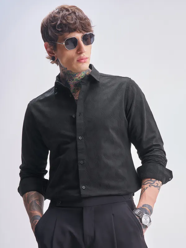 Highlander Men Black Self Design Slim Fit Casual Shirt