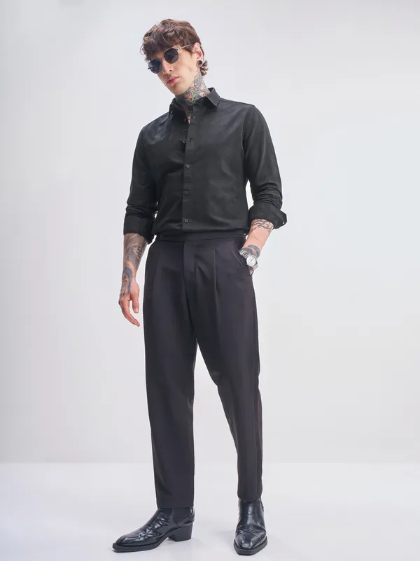 Highlander Men Black Self Design Slim Fit Casual Shirt